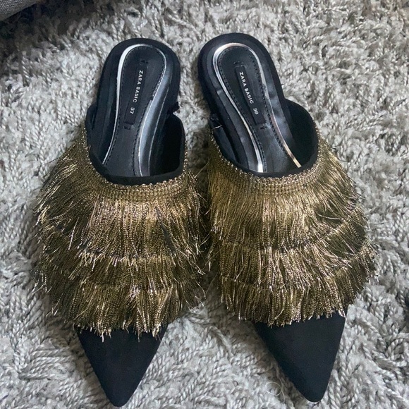 Gold and black fringed mules